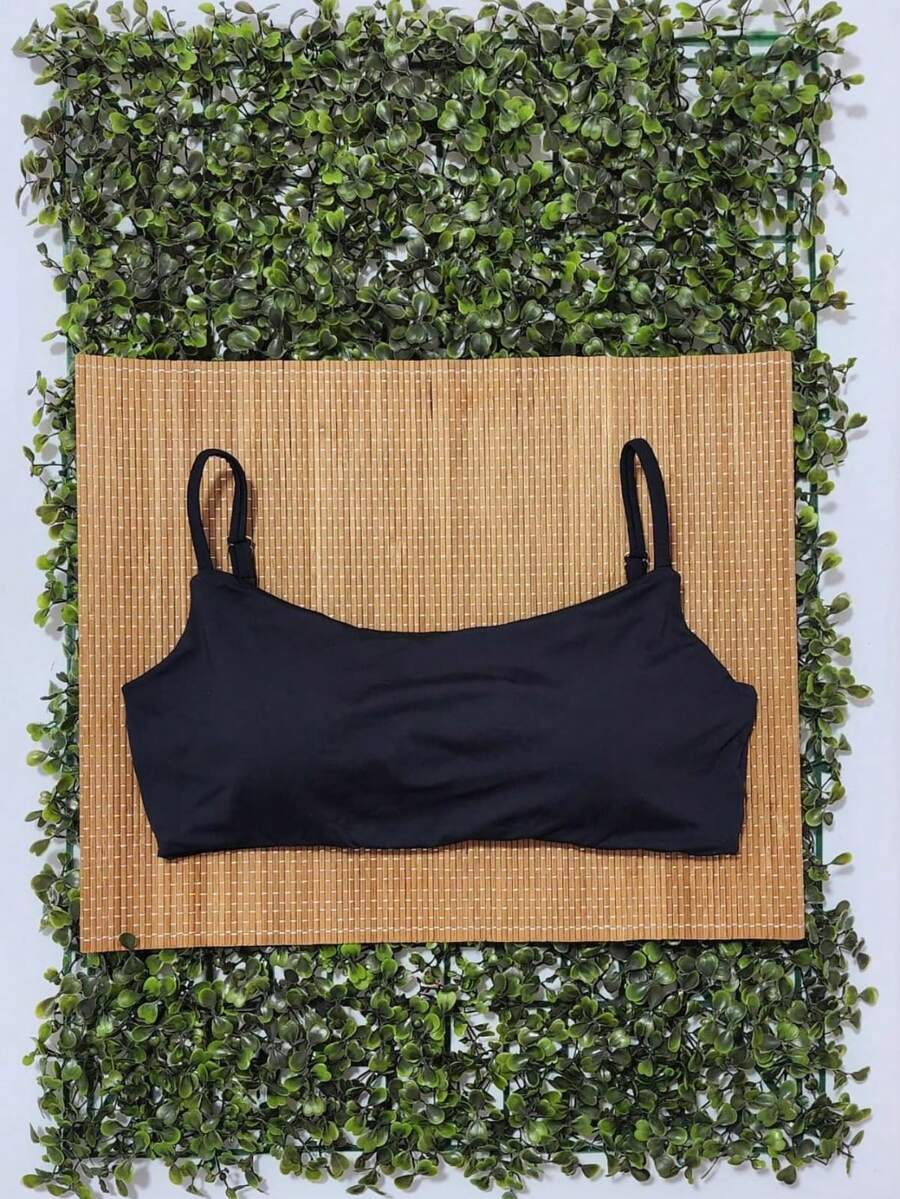 Bikini Top Simple Bandeau Thin Straps With Removable Pads And Separate Polyamide Adjuster - Black - View 1