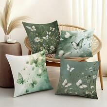 4pcs Green Butterfly Floral Print Throw Pillow Covers [No Pillow Insert], 17.7*17.7in(45*45cm), [Single-Sided Print] Farmhouse Style Polyester Cushion Covers For Sofa, Bed, Living Room, Bedroom, Car, Office, Hotel Decor, Perfect Gift For Family And Friends, For All Seasons - Multicolor - View 10