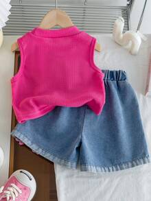 2pcs/Set Young Girl Waffle Pattern Embroidered Top And Denim Shorts Set, Summer - Hot Pink - View 2