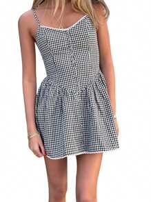 Women's Summer Plaid Cami Dress Sleeveless Open Back Button Spaghetti Strap Dress