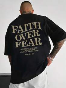 Men's Faith Over Fear Christian T-Shirt With Bible Verse Psalm 118:6 - Black & Golden Inspirational Print Casual Short Sleeve Round Neck Summer Tee For Casual Attire, Comfortable Home Apparel, Nontransparent Material