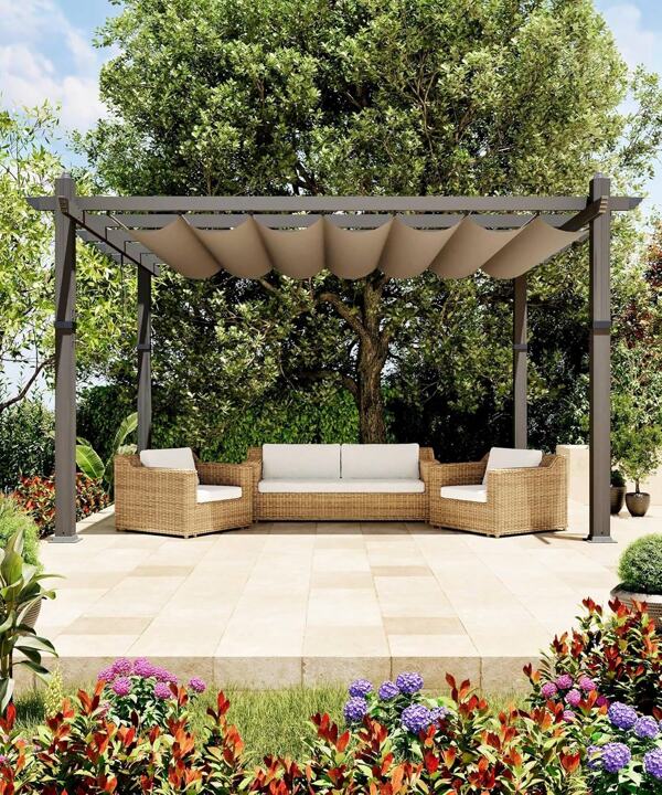 10x13 Ft Aluminum Pergola, Outdoor Metal Pergola With Adjustable Canopy, Reinforced Frame Outdoor Shelter For Backyard, Lawn And Deck