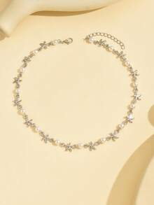 1 件夏季海洋风格手工珍珠海星银锁骨链项链，简约精致女士珠宝，适合日常佩戴、海滩旅行、约会、送给家人和朋友的礼物 - 海星+仿珍珠 - 查看 3