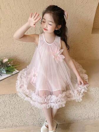 女童夏装 2025 新款，女婴花卉网眼吊带公主裙，轻便女童夏装