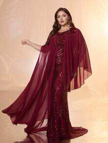 SUPGIR [随机剪裁]加大女士圆领不对称袖珠绣收腰亮片拼接雪纺优雅长裙晚礼服、正式、派对礼服，适合婚礼宾客 - 酒紅色 - 查看 3