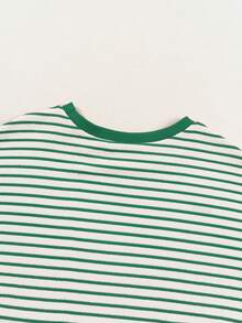 Acelitt 条纹撞色肩部短袖针织休闲圆领T恤，夏季 - 綠色 - 查看 7