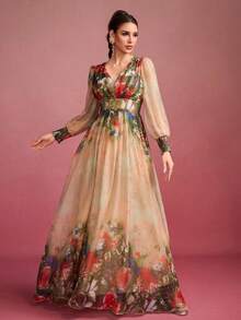 Vestido elegante con cuello de corazón, estampado floral aleatorio, puño con volantes y diseño de colorblock para mujer - Multicolor - Ver 5