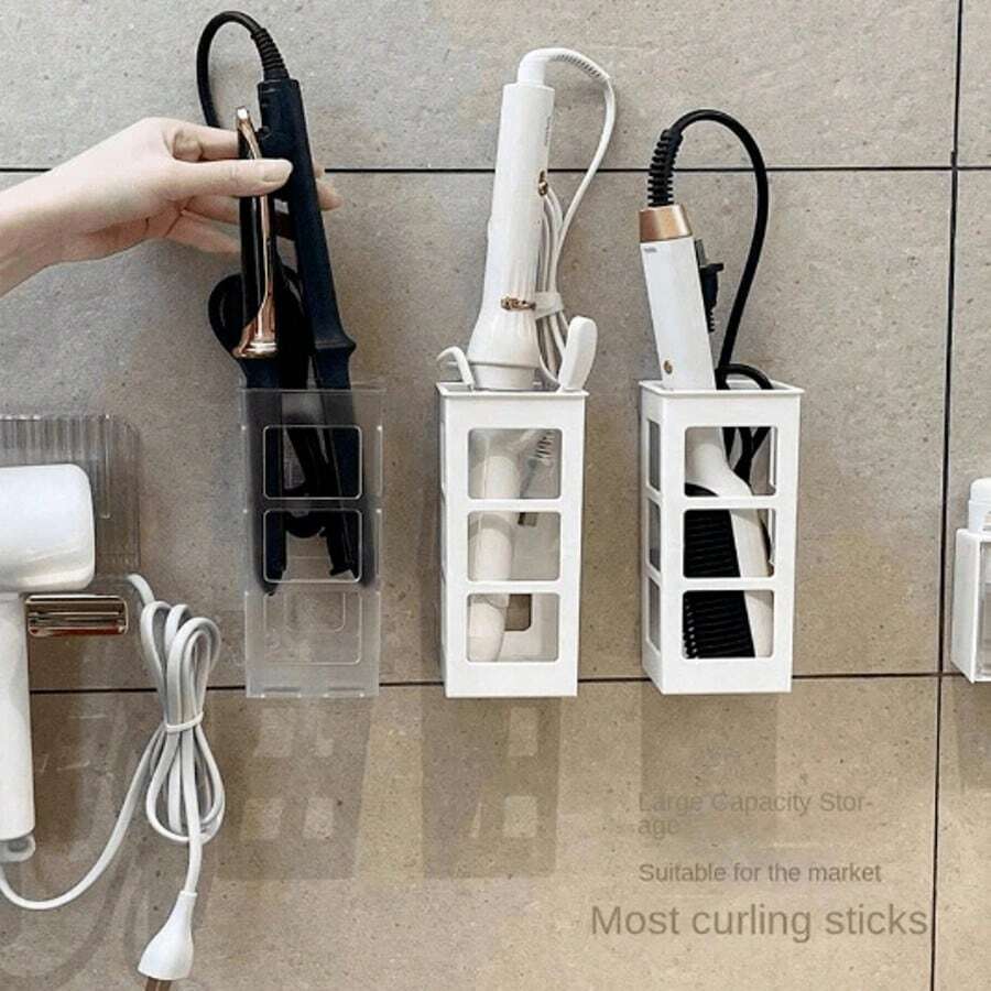 1/2 件卷发器收纳盒壁挂式吹风机 1/2 件卷发器收纳盒壁挂式吹风机架发夹收纳架直发器架护发造型工具收纳柜壁挂式白色塑料架发夹收纳架直发器架护发造型工具收纳柜壁挂式白色塑料 - 白色 - 查看 1