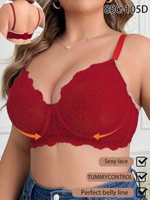 Plus Size Women's Lace Patchwork Underwire Lingerie Bra, Comfortable Semi-Sheer Design - Burgundy - View 5