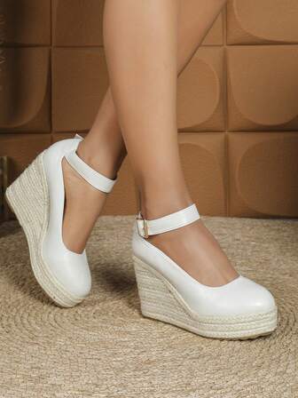 Women's Solid Color Casual Sweet Round Toe Hook & Loop Jute Rope Wedge Shoes