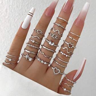 ชุดแหวนข้อมือทรงเรขาคณิตสีทองประดับเพชร ลายคลื่นรูปทรงเรียบง่าย รูปหัวใจ