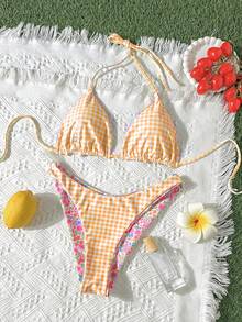 女士印花比基尼泳衣及沙滩装，夏季度假套装 - 橘色 - 查看 6