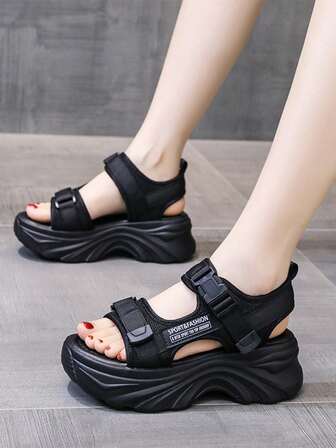 Women's Summer Wedge Platform Sports Sandals With Hook And Loop & Letter Strap, Comfortable Student Flip Flops