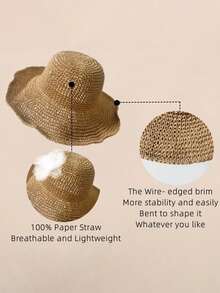 1 pieza Sombrero de paja plano tejido a mano, gorra casual ajustable con protección solar para exteriores, adecuada para primavera, otoño, viajes, vacaciones en la playa, estilo Y2K para gente joven