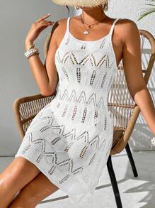 Women's Summer Boho Holiday Beach Vacation Outfits Contrast Color Patchwork Hollow Out Knit Slip Dress
