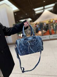 Nueva bolsa de mensajero de jeans lavados vintage, bolso de hombro de estilo casual Y2K, bolso de mano con doble asa, diseño de nicho, espacioso y práctico, adecuado para ir al trabajo, compras, viajes y volver a la escuela, bolso de calle de moda, bolso cruzado de jeans mediano, perfecto para la chica vaquera