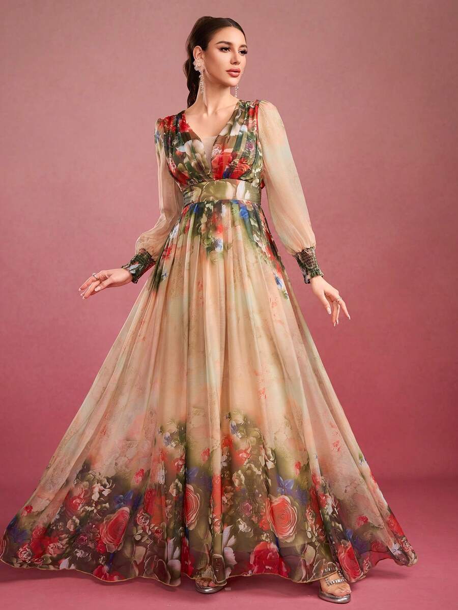 Vestido elegante con cuello de corazón, estampado floral aleatorio, puño con volantes y diseño de colorblock para mujer - Multicolor - Ver 1