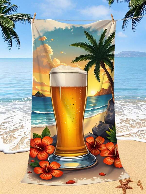 1 stuk strandlaken met strandzonsondergang en bierprint, ultrazachte microvezel strandlaken, extra grote strand-/badhanddoek met kleurrijk graffiti-ontwerp voor buiten, strandmat, yogamat, badkameraccessoires, snel drogend, 250 g/m², voor zwemmen, sportschool, yoga, buiten, kamperen, reisbenodigdheden, reisaccessoires, strandbenodigdheden