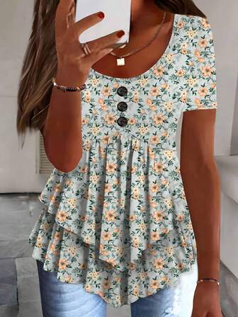 时尚休闲花卉数码印花，带有叶子图案和不对称荷叶边的女士T恤