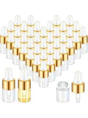 Set da 50/30/20/10/5/1 pezzi di bottiglie in vetro mini da 1 ml con tappo a vite dorato, per oli essenziali, prodotti chimici per laboratori di chimica e profumi