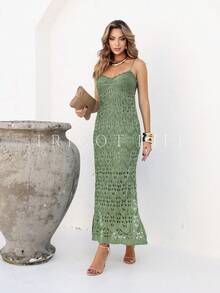Women's Elegant Lace Tricot Party Midi Dress With Lining, Thin Straps, Slits, Beach - 橄欖綠 - 查看 6