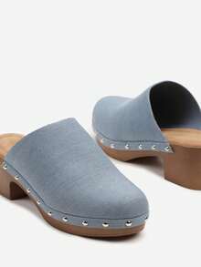 Mule Clog Style Flip-Flops With Rivets And Block Heel - Blue - View 4