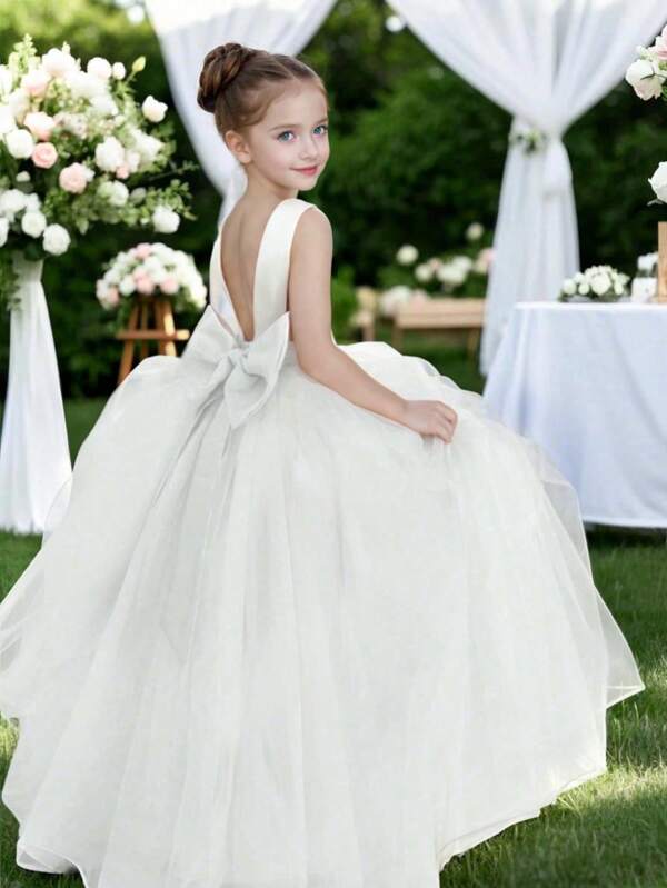 Vestido elegante con lazo de perlas y tul para niña preadolescente, adecuado para bodas, bailes de graduación y fiestas de cumpleaños