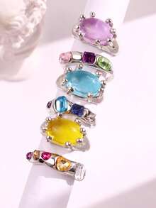 6pcs/Set Fashion Creative Simulated Gemstone Diamond Rings Set, Minimalist & Versatile, High-End Jewelry Gift For Women - Multicolor - View 2