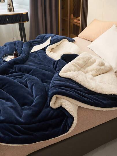 1 st djupblå enfärgad mjölk sammet lamm ull dubbel lager mjuk mysig filt, lämplig för sovrum, hotell, alla årstider