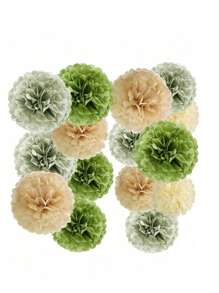 17pcs/16pcs Wedding Party Decor Paper Flower Balls, Khaki, Beige, Olive Green Paper Pom Poms, Birthday Party Background Decoration Balls, Suitable For Festivals, Anniversaries, Wedding, Valentine's Day Decorations Mother's Day Graduation
