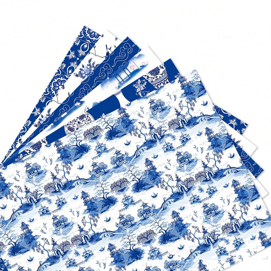 12张中式包装纸，复古中国山水蓝白花卉图案，经典主题，适用于DIY手工、生日、迎婴派对、婚礼等场合的礼品包装。 - 彩色 - 查看 1
