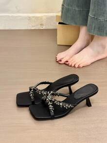 Sandal Hak Tinggi Wanita, Gaya Dasar Bohemian dengan Hiasan Berlian Imitasi, Elegan untuk Pesta, Olahraga, Pantai, Pernikahan, Kantor, Rumah, Aktivitas Luar Ruangan, Musim Semi/Panas - Hitam - View 6