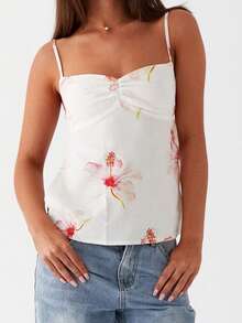 Women's Tie Backless Cami Tank Tops Y2K Floral Spaghetti Strap Ruched Front Camisole Crop Tops Summer Open Back Backless Sleeveless Vest Shirts Cute Going Out Tops Beach Streetwear - Hồng - Xem 1