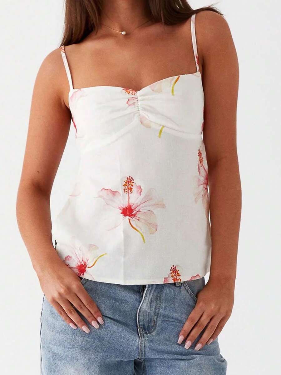Women's Tie Backless Cami Tank Tops Y2K Floral Spaghetti Strap Ruched Front Camisole Crop Tops Summer Open Back Backless Sleeveless Vest Shirts Cute Going Out Tops Beach Streetwear - Hồng - Xem 1