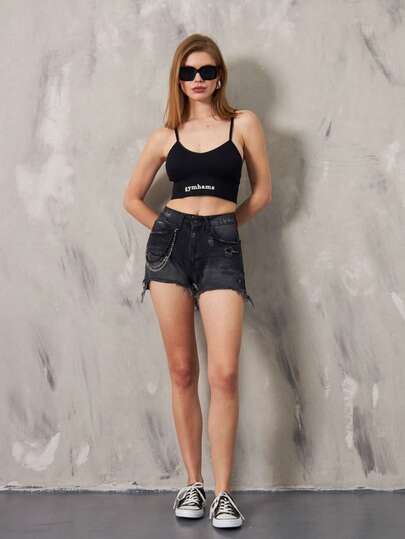 Shorts jeans femininos casuais e versáteis com bolso e bainha crua