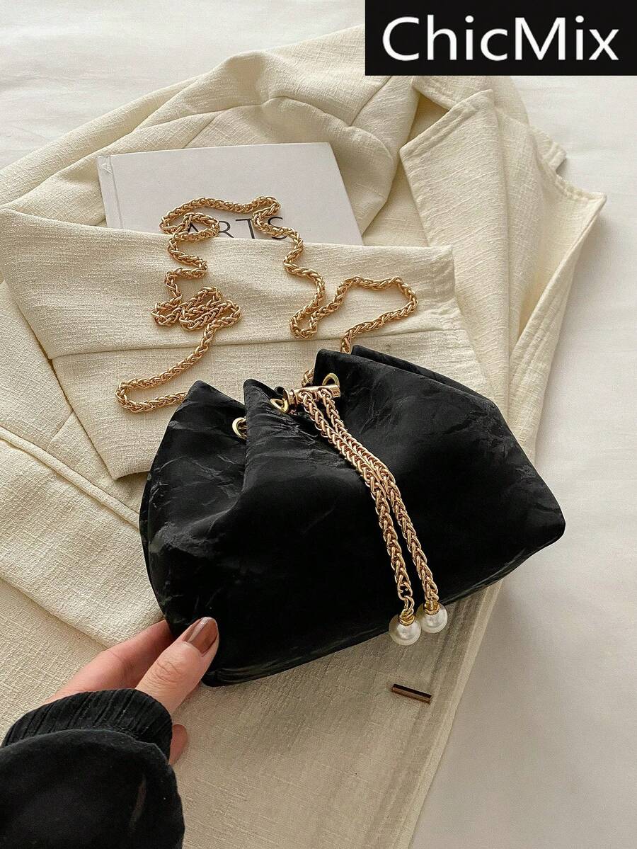 Bolso bandolera mini de cubo de unicolor con correa de cadena de moda - Negro - Ver 1