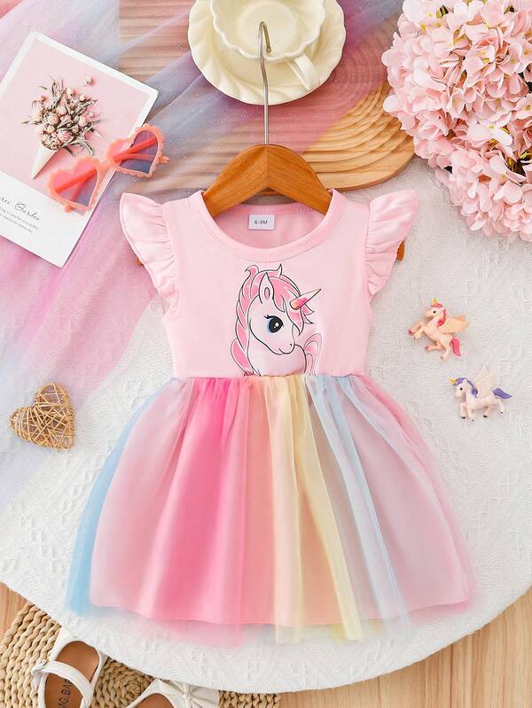 Baby Girls' Cute Ruffle Sleeve Rainbow Mesh Dress Summer