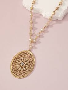 1入組時尚鋅合金水鑽裝飾橢圓形吊飾項鍊適合女士日常裝飾 - 米色 - 查看 14