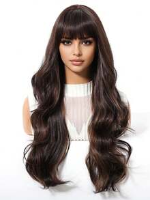 Long Brown Highlight Wig With Bangs Wave Curly Wigs For Women 24 Inch Heat Resistant Natural Synthetic Wig For Daily Party Use,Mother's Day Gifts Or Holiday Party Everyday Wear,Gifts For Women,Accessories Women - 挑染棕色 - 查看 4