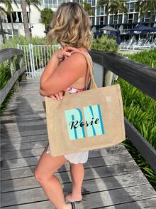 Customized Tote Bag With Monogram Striped - Customizable Name, Reusable Square Grocery Bag, Water-Repellent Beach Bag For Women, Large Capacity Tote Bag, Portable Work Tote Bag, Return School Gift, Mother's Day, Beach Bags For Woman, Beach Purse, Bag For Women Elegant, Concert, Wedding Items, Holiday Essentials, Back To School, Luxury, Teacher Gifts, Work Bag Women