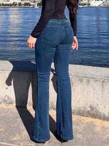 MYOURSA 低腰 Y2k 弹力喇叭裤牛仔裤，深蓝色 - 中等水洗藍 - 查看 4