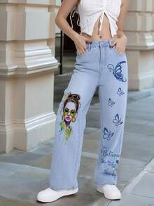 Lyandra Women's Versatile Wide Leg Casual Printed Straight Relaxed Fit Jeans - Light Wash - View 2