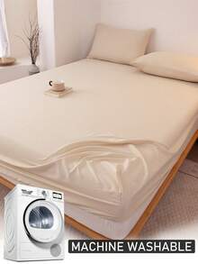 1PC Khaki Polyester Fitted Sheet Only, Soft & Breathable Deep Pocket Modern Fitted Sheet For All Seasons Hotel