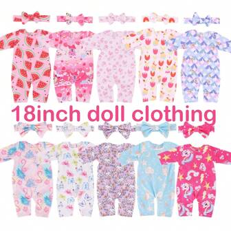 1 件卡通图案连体衣带头带，适合 18 英寸娃娃，休闲和运动服装套装