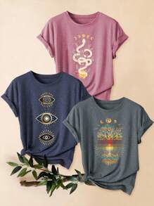 3 Stücke Vintage Sonnenbaum Berg Muster Damen Lässig Sport T-Shirts - Rundhalsausschnitt, Kurzarm, dehnbar & maschinenwaschbar