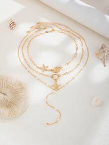 Juego de 3 collares tipo Y de estilo bohemio con colgantes de estrellas de mar y conchas marinas, perlas artificiales elegantes y vintage para mujer, decoración diaria y festiva
