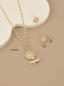 1 Stück 18 Karat vergoldete vollständig mit Strass besetzte Sonnenblume Edelstahl Damen Halskette, 1 Paar 18 Karat vergoldete vollständig mit Strass besetzte Sonnenblume Edelstahl Damen Ohrringe