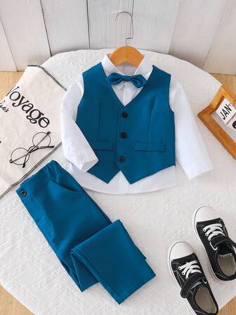 3 件套年轻男孩正装，蓝色背心 + 衬衫 + 裤子，绅士燕尾服，婚礼派对服装，学校主持人制服，节日派对服装，适合所有季节