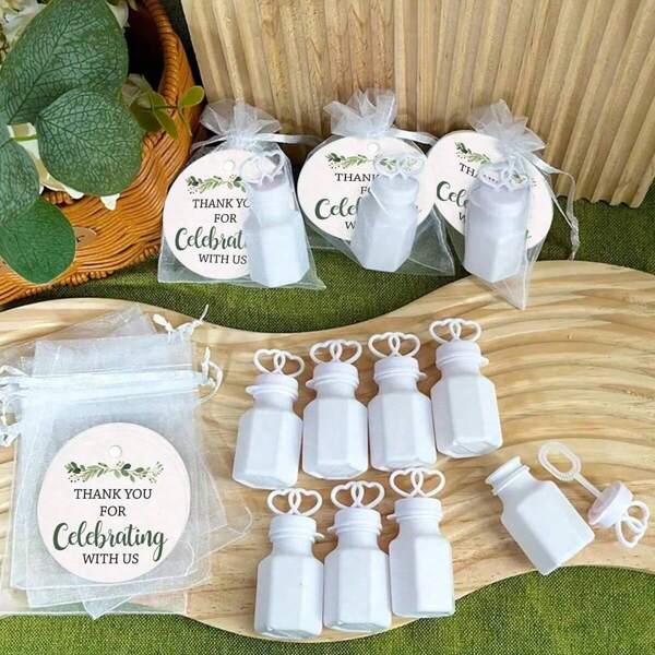 Set van 15 hartvormige bubbelbuisjes als bedankjes voor een bruiloft, inclusief 5 bubbelflesjes (zonder vloeistof), 5 kaarten, 5 organzazakjes, zonder vloeistof, geschikt voor bruidsdouches, gastencadeaus, jubilea, bruiloften, verjaardagsfeestartikelen en decoratiebenodigdheden voor een afstudeerfeestje.