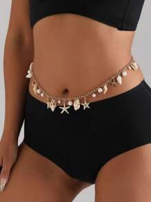 1 pieza Cadena de Body para mujer de playa, cadena de cintura con diseño de estrellas de mar y conchas de estilo oceánico, usar con bikini sexy